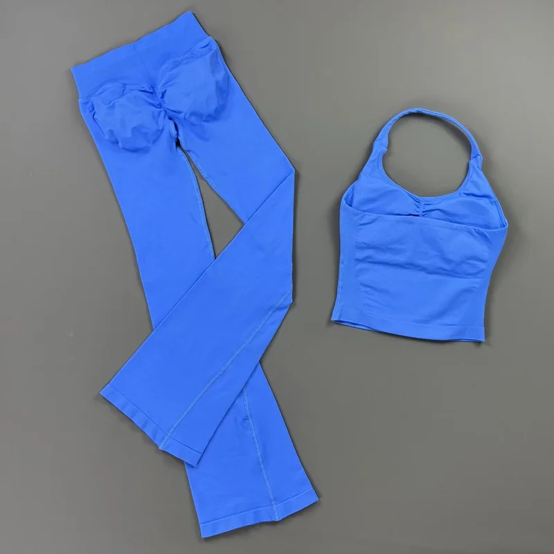 스포츠 홀터탑 플레어 레깅스 세트 심리스 짐 플레어 팬 - Pilates Yoga Legging 리뷰 및 가격